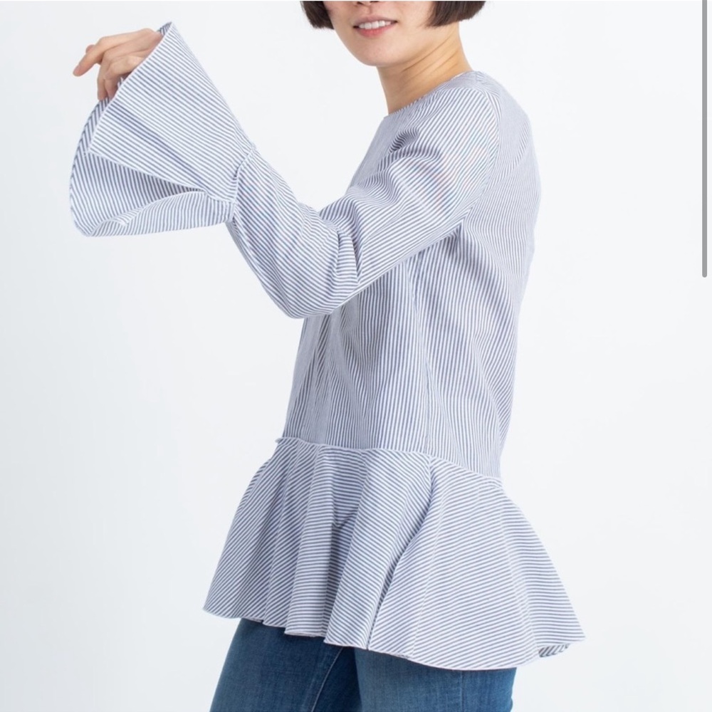 Theory Lexanda Cotton Striped Peplum Top Long Sleeve Ruffle Shirt Blouse Small - Picture 1 of 13